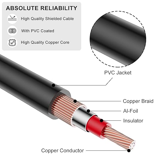 J&D RCA Cable, 2 RCA Male to Male Stereo Audio Cable, Gold-Plated Copper Shell, Heavy Duty, Compatible with Speaker, Amplifier, Subwoofer, 3 Feet