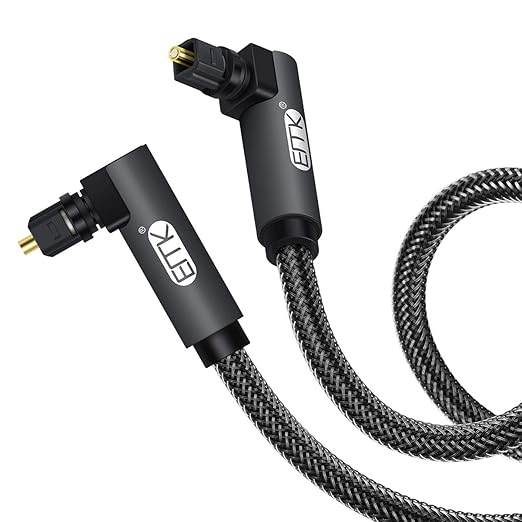 EMK 【Upgraded】 Double 90 Degree Optical Audio Cable Free-Rotating Toslink Plug Nylon Braided S/PDIF Digital Right Angle Optical Male to Male Cable for Home Theater,Sound Bar,TV(10ft/3m)