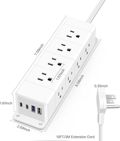 30W USB C Power Strip Surge Protector,4 Side 12 Outlets Desk Power Strip with Ultra Thin Flat Plug,PD Fast Charing,2 USB-C,2 USB-A(USB Total 40W),10ft Flat Extension Cord with Multiple Outlets,1200J