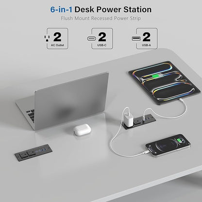 Recessed Power Strip USB C 65W Fast Charging Station,in Drawer Outlet,Furniture Flush Mount for Desktop,Workspace Essential Desk Outlet (Black, 10FT)