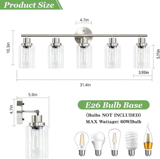 Guliaofo 5-Light Bathroom Vanity Lights, E26 Modern Brushed Nickel Bathroom Light Fixtures with Clear Glass Shade, Mirror Kitchen Hallway Cabinet Living Room Sconces Wall Lights