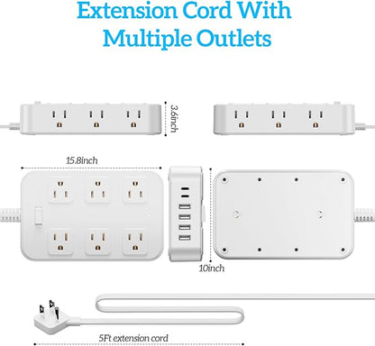 Solidock Flat Plug Power Strip Surge Protector with 12 AC Outlets 6 USB Ports 3 Side Multi Plug Outlet Extender 5 Ft Extension Cord for Home Office Kitchen Dorm Wall Desk Charging Station ETL Listed