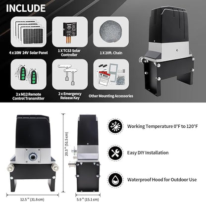 TOPENS DKC2000S Solar Sliding Gate Opener Chain Drive Automatic Gate Motor for Heavy Driveway Slide Gates Up to 4400 Pounds, Electric Gate Operator Battery Powered with Solar Panel Remote Control Kit