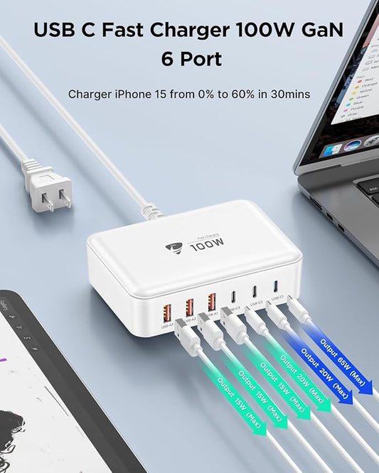 Aiminu USB C Charger Block Charging Station 6-Port 100W GaN USB C Fast Charging for Multiple Devices PD 3.0 Type C & USB A Wall Charger Power Adapter for All iPhone iPad Samsung Android Pixel Series