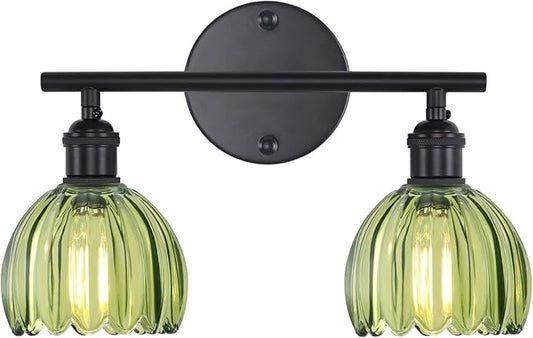 Shenmoyl Bathroom Light Fixtures, 2-Light Black Vanity Wall Light Over Mirror with Green Tulip Glass Shade for Bedroom Living Room (Bulb Not Included)