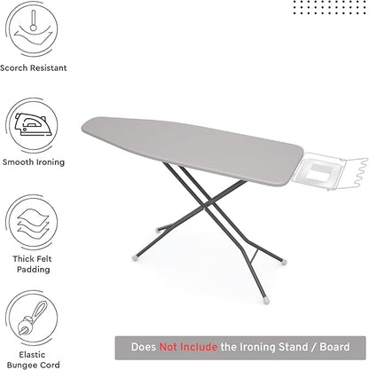Encasa Homes Replacement Ironing Board Cover with Extra Thick Pad, Plain Colors, Elasticated, (Fits Standard Large Boards of 54"x15") Heat Reflective, Scorch Resistant, Heavy Duty - Light Grey