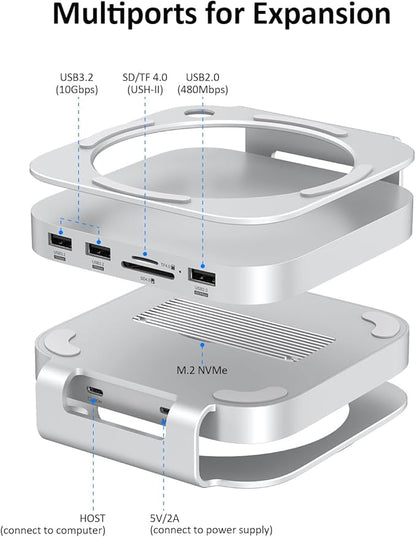 Akyyajaure Mac mini Hub: 9 in 1 Aluminum Stand & Dock for Mac mini M4 Pro with M.2 NVMe SSD Enclosure, 10Gbps USB-A*2, SD/TF Card Readers, USB 2.0