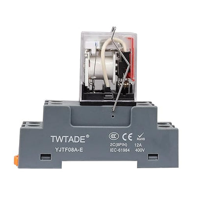 TWTADE/2PCS DC 24V Relay 10A Electromagnetic Power Coil Relay 8 Pins DPDT 2NO 2NC with Indicator Light, Socket Base & DIN Rail -YJ2N-LY