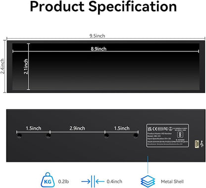 9.16" Computer Temp Monitor, FHD 1920x462 PC Sensor Panel One-Cable Connection(No HDMI Needed), Stretched Bar LCD Dynamic Theme Supported, IPS Mini Secondary Screen for CPU RAM HDD Data Aida64 (Black)