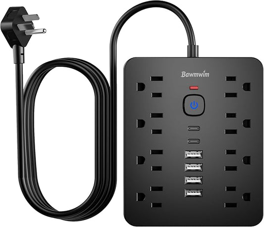 Bawmwim Surge Protector Power Strip, 8 Outlets(1250W/10A), 6 USB Charging Ports(2 USB C), 10FT Flat Plug Extension Cord Outlet Extender with Overload Protection, ETL Certified for Office, Dorm Room