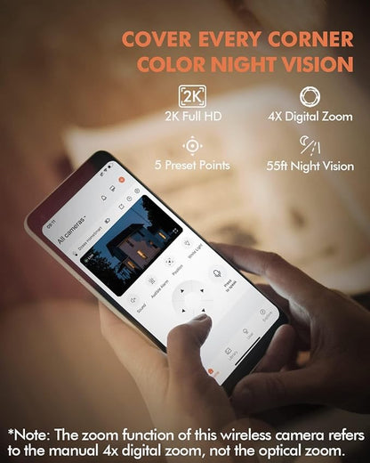 Dzees Solar Security Cameras Wireless Outdoor, 2K Battery Powered Security Camera, 360° PTZ Camera with Spotlight, Siren, Color Night Vision, AI Dectection, IP66 for Home Security, 2.4GHz 2-Pack