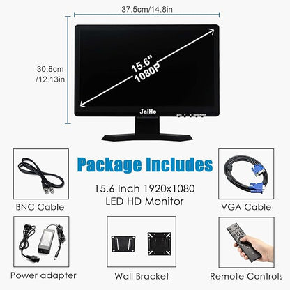 JaiHo 15.6 Inch 60Hz Computer Monitor - 1920×1080P Widescreen Display Screen - 16:9 Office PC Monitor with Multifunctional Input - Gaming Monitor for Gaming CCTV Raspberry Pi PC - VESA Mounting