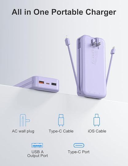 aonidi 20000mAh Ultra-Portable-Charger-Power-Bank PD20W with Built in Cables&AC Wall Plug,Fast Charging Cell Phone Charger Battery Pack,LED Display Travel Battery Bank for All iPhone,Samsung,Android