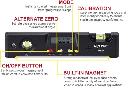 Digi-Pas DWL200 Electronic Torpedo Level, Protractor, Angle Gauge, Angle Finder, Bevel Gauge, Magnet, 0.1°, 7 inch