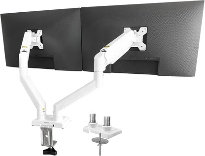 XEVKZO Dual Monitor Arms, Gas Spring Monitor Arms for 2 Monitors up to 34" Curved/Flat, 22lbs per Arm, VESA Mount 75x75 100x100mm, C-Clamp & Grommet Base, Adjustable Tilt/Swivel/Rotation White