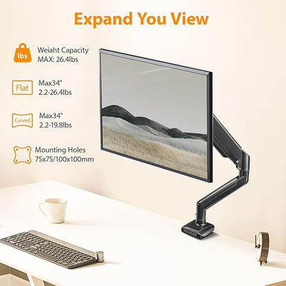 XEVKZO Single Monitor Arm - Gas Spring Monitor Stand for 13 to 34 Inch Screens, Adjustable VESA Mount with C-Clamp & Grommet Base, Full Motion (Tilt, Swivel, Rotation), Supports 4.4-22 lbs