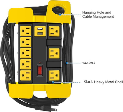 CCCEI Heavy Duty Power Strip with USB, Workshop 8 Outlet Surge Protector 2700 Joules, Industrial Metal 15Amp Power Strip, 20 FT Extension Cord and Wide Spaced Black.