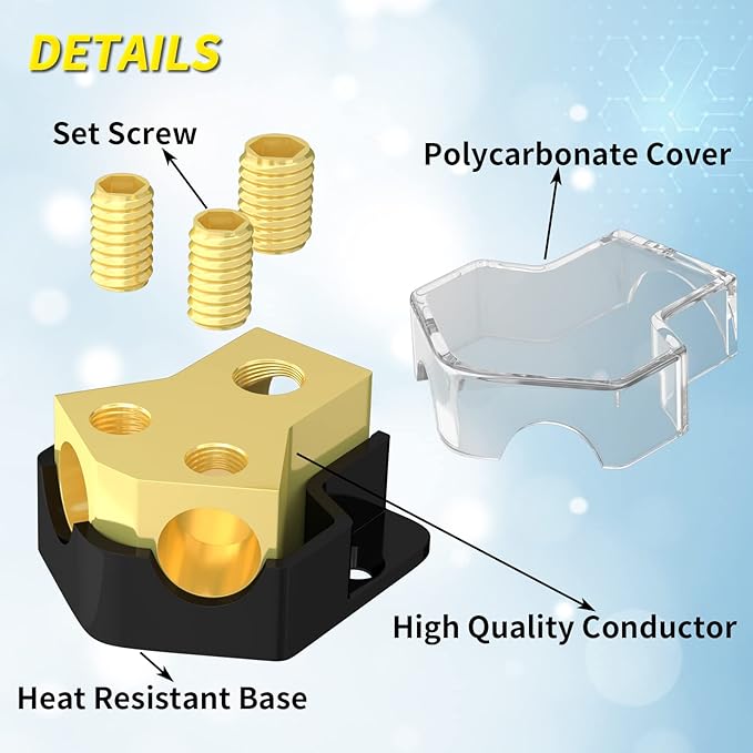 Joinfworld 12V Power Distribution Block Car Audio 2 Way Ground Distribution Block 0/2/4 Gauge in 4/8/10 Gauge Out 12 Volt Amp Distribution Block Splitter for Marine Automotive Car Boat