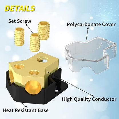 Joinfworld 12V Power Distribution Block Car Audio 2 Way Ground Distribution Block 0/2/4 Gauge in 4/8/10 Gauge Out 12 Volt Amp Distribution Block Splitter for Marine Automotive Car Boat