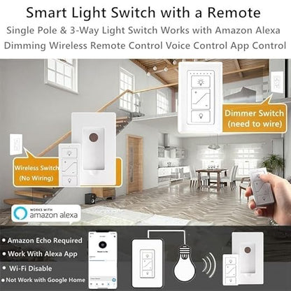 Nexete Smart Wall Dimmer Switch,Single Pole Dimmer with a Wireless Remote,No Wiring DIY Wireless 3-Way Dimmer,Dimming Remote & Voice Control,Bluetooth Work with Amazon Alexa Only