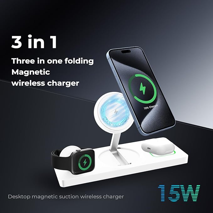 Wireless Charger Station 3 in 1, Fast Charging for iPhone 15/14/13/12 Pro/Max/Mini/Plus, Apple Watch 8/7/6/SE/5/4/3/2, AirPods 3/2/Pro/Pro 2, with Adapter (White)
