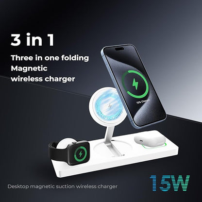 Wireless Charger Station 3 in 1, Fast Charging for iPhone 15/14/13/12 Pro/Max/Mini/Plus, Apple Watch 8/7/6/SE/5/4/3/2, AirPods 3/2/Pro/Pro 2, with Adapter (White)