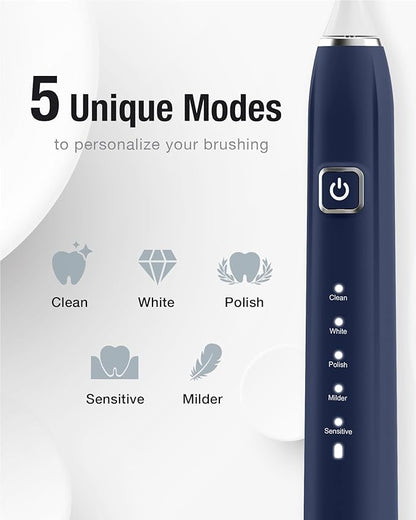 7AM2M Sonic Electric Toothbrush with 6 Brush Heads for Adults and Kids, One Charge for 120 Days, Wireless Fast Charge, 5 Modes with 2 Minutes Built in Smart Timer, Electric Toothbrushes (Navy Blue)