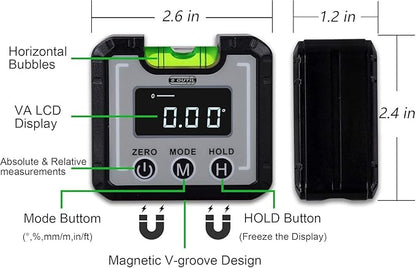 Digital Angle Finder Magnetic & Level Bubble Vial 4 X 90°Angle Gauge Inclinometer, Mini Level Bevel Gauge Protractor for Woodworking, Building, Table Saw, Vertical Wall (white)