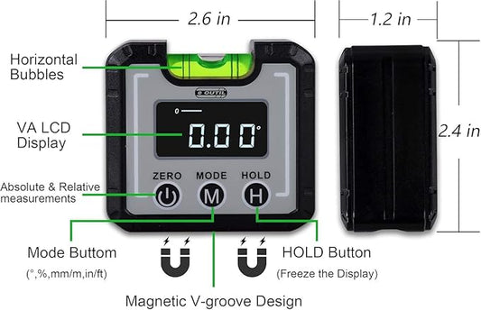 Digital Angle Finder Magnetic & Level Bubble Vial 4 X 90°Angle Gauge Inclinometer, Mini Level Bevel Gauge Protractor for Woodworking, Building, Table Saw, Vertical Wall (white)