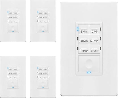 ENERLITES Countdown Light Timer Switch for Bathroom Fans, Lights, 5-10-30-60 Min, 2-4 Hour, 120VAC Neutral Wire Required, UL Listed, HET06-W-5PCS, White, 5 Pack