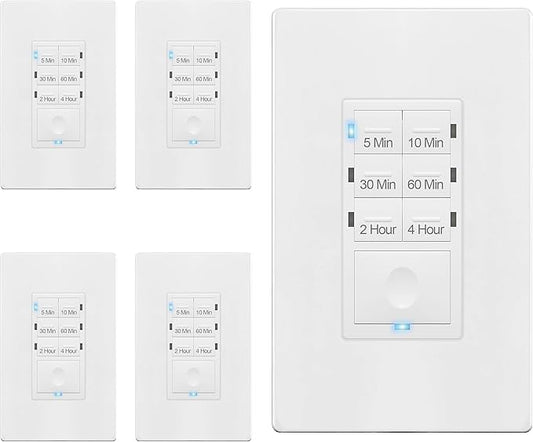 ENERLITES Countdown Light Timer Switch for Bathroom Fans, Lights, 5-10-30-60 Min, 2-4 Hour, 120VAC Neutral Wire Required, UL Listed, HET06-W-5PCS, White, 5 Pack