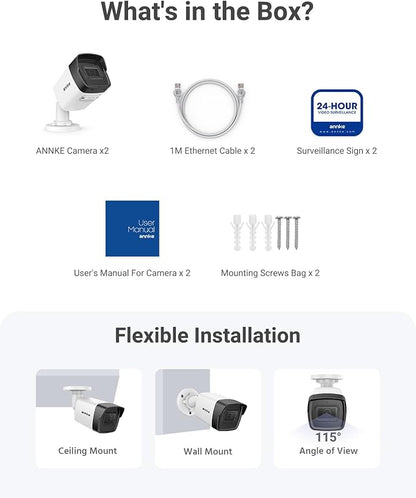 ANNKE 2 Pack 5MP PoE Bullet Security Cameras with Mic/Audio, Outdoor IP Cameras with 2.8mm Lens Wide Angle, 100ft Color Night Vision, IP67 Waterproof, RTSP, 5MP@20fps, Up to 256GB Micro SD Card- C500