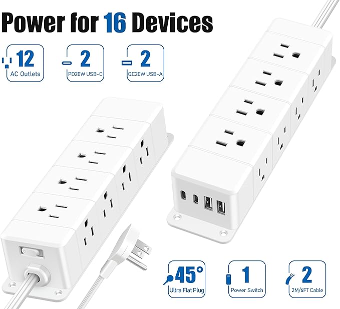 ANNQUAN 40W Fast Charging Under Desk Power Strip,12 Outlet Mountable Power Strip with 4 USB,1200J Surge Protection,6FT Flat Extension Cord