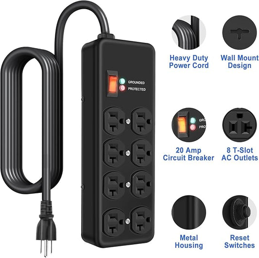 Heavy Duty Surge Protector 20Amp,Metal Power Strip with 8 Outlets,Wall Mount Surge Protector 4800J,12 Gauge 6FT Extension Cord 5-15P Adapter Workshop & Industrial Use with 6-20R T-Slot Outlets