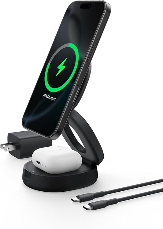 Belkin MagSafe Charger Compatible, 2-in-1 Qi2 Wireless Charging Station 15W, Convertible Charger for iPhone 17, Apple Watch, AirPods, Pixel 10, Portable Phone Stand for Travel w/ 30W Adapter - Black