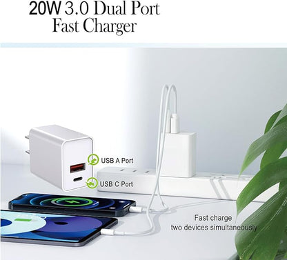 USB C Charger Block, 20W Dual Port Type C Fast Wall Charging Head, Power Adapter Cube for Apple iPhone 16, 15, 14, 13, 12, 11, X, 8, and Apple Watch9, 8, 7, iPad, White, 2 Pack