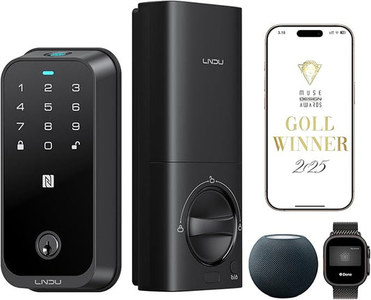 LNDU [2026 Upgrade Version] Fingerprint Smart Lock with Apple Home Key, NFC & Keypad, Keyless Entry Door Lock Deadbolt for Front Door, Works with Homekit, Auto Lock & Easy Install, US Tel Support