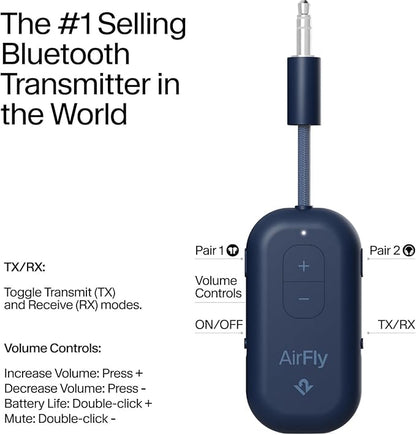 Twelve South AirFly Pro 2 Bluetooth 5.0 Transmitter/Receiver for TV to 2 Wireless Headphones – Wireless Adapter for AirPods, Car, Gym, Home, Use with Any 3.5 mm Audio Jack, Blue