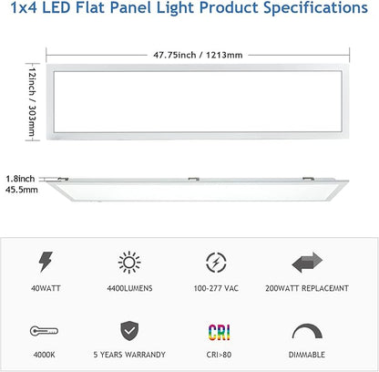 CycevSun 8 Pack 1x4 LED Flat Panel Light Drop Ceiling, 0-10V Dimmable 3000K-4000K-5000K Selectable & 20W-30W-40W Options, 4400LM, ETL