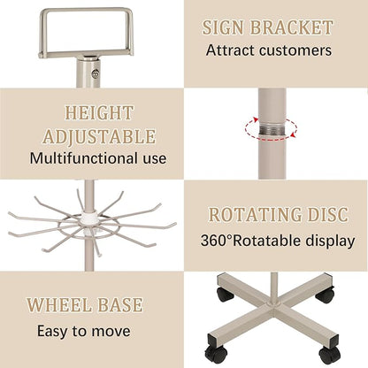 Exttlliy Retail Display Stand Store Display Rack 5 Tier Metal Spinning Display Stand Rack with Wheels Keychain Jewelry Stocking Hat Display Stand with Hooks for Malls, Showroom, Retail Store (Grey)