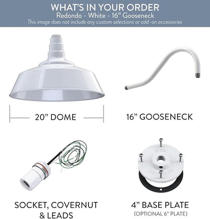 Steel Lighting Co. Large Outdoor Barn Light | Gooseneck Light Fixture | Made in America from 18-Gauge Steel | 20" Dome | 16" Gooseneck White Exterior/White Interior