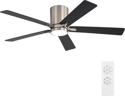 WINGBO 48" DC Flush Mount Ceiling Fan with Lights, 6-Speed Reversible DC Motor, 3CCT, Low Profile Hugger Ceiling Fan for Living Room Bedroom Kitchen, Nickel Finish and Black/Gray Blades