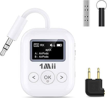 1Mii SafeFly Min+ Bluetooth Transmitter and Receiver,Bluetooth Adapter for Airplane, Supports to 2 AirPods/Headphones,Use with Any 3.5mm Jack on Airplanes, Gym, TVs, Car, Home, Boat(White)