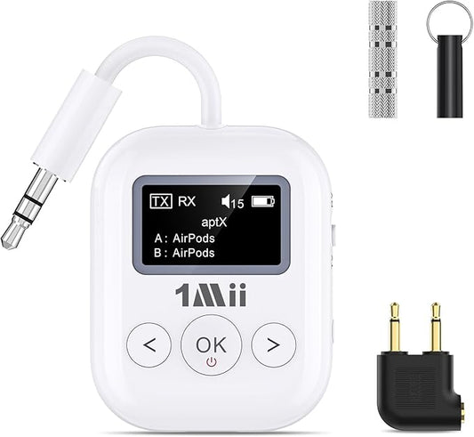 1Mii SafeFly Min+ Bluetooth Transmitter and Receiver,Bluetooth Adapter for Airplane, Supports to 2 AirPods/Headphones,Use with Any 3.5mm Jack on Airplanes, Gym, TVs, Car, Home, Boat(White)