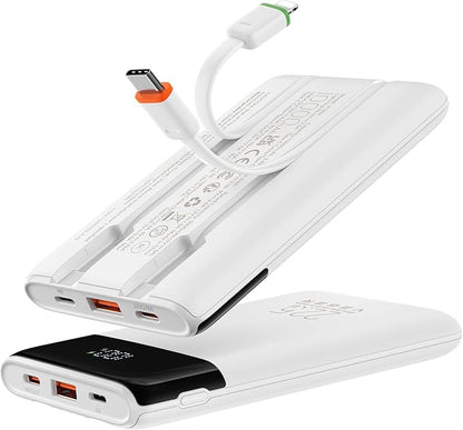 VEGER Portable Charger with Built in Cable, 10000mAh 22.5W Fast Charging USB C Battery Pack, 4 Outputs 3 Inputs Power Bank for iPhone 16/15/14/13 Series, iPad, Samsung, Android, Tablet, White(1 Pack)