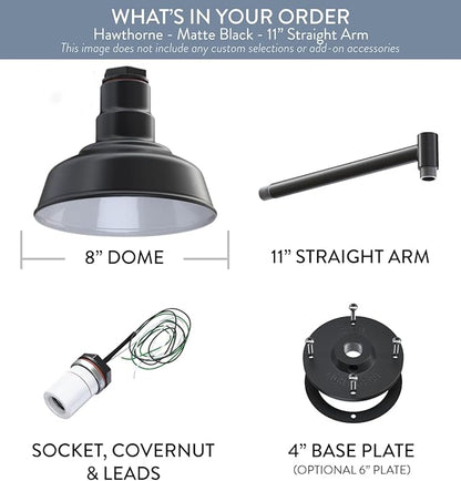 Steel Lighting Co. Hawthorne Barn Light | Outdoor Wall Mounted | 8 inch Dome | 11 inch Straight Arm| Small Farmhouse Light Made in America | Matte Black Exterior/White Interior