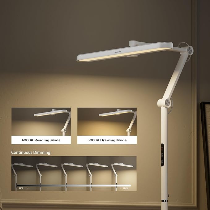 Honeywell LED Floor Lamp Mordern - 05D01 Sunturalux™ Dimmable Floor Lamp for Living Room Standing Lamp, Eye-Caring Standing Light for Home Office Bedroom White