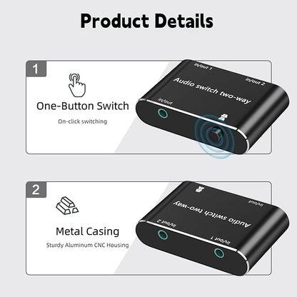 Audio Switch 3.5mm Bi-Direction Switch,Stereo Audio Switcher 2 in 1/1 in 2 Out,A udio Swit ch Headphone Manual Selector Splitter for PC Phone Laptop Headphone(Black)