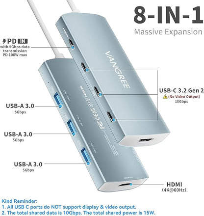 USB C Hub 8 in 1 Multiport Adapter, 3 USB 3.2 Gen 2 Ports with 10Gbps, 3 USB-A 3.0 5Gbps, 4K@60Hz HDMI, 100W PD, USBC Splitter for MacBook Pro, iPad Pro, Mac mini and More(Not Support USB-C Monitor)