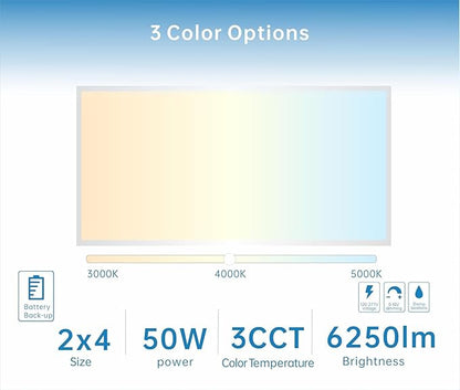 2X4 LED Flat Panel Light with Emergency Battery Backup, 50W 3000K/4000K/5000K, 0-10V Dimmable, 6500 Lumens, LED Drop Ceiling Lights, 100-277V, DLC UL Listed, Ultra Thin Back-Lit (4 Pack)